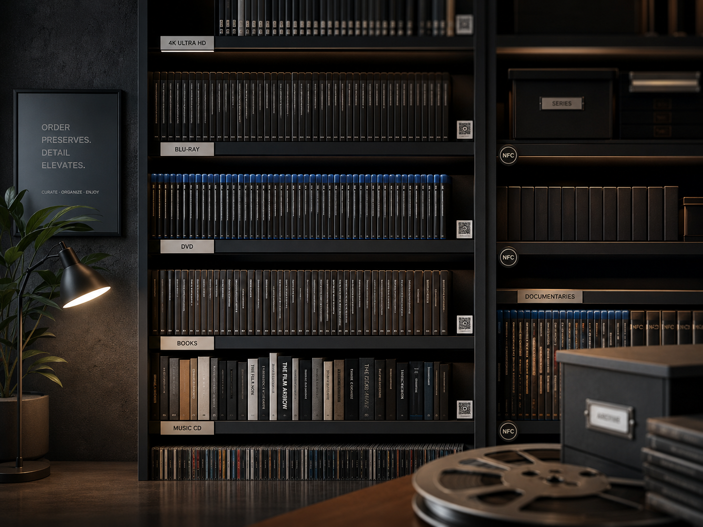 Organiserede reoler med DVD, Blu-ray, bøger og arkivkasser